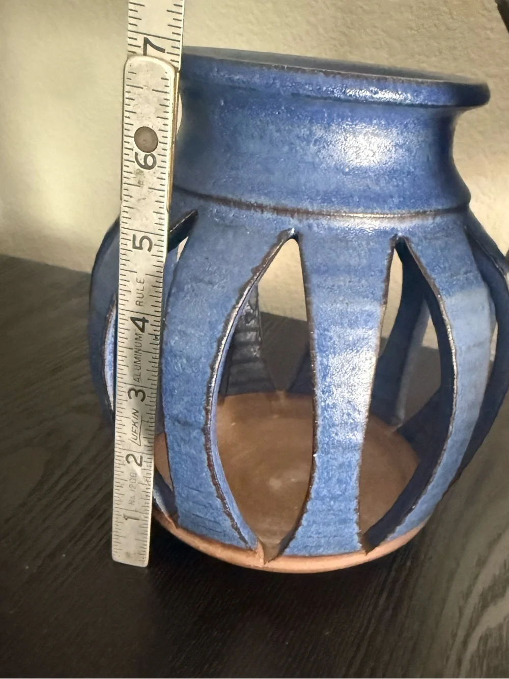 Handmade Blue Pottery Stoneware Cutout Vase Candle Holder Lantern (set of 2)